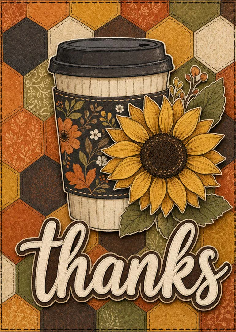Coffee cup with sunflower and autumn patchwork background featuring the word thanks in handmade style.