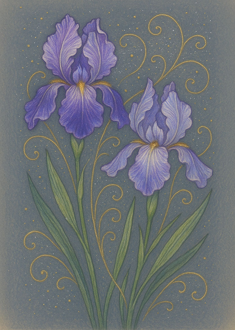 Purple iris flowers with gold swirls on a blue background