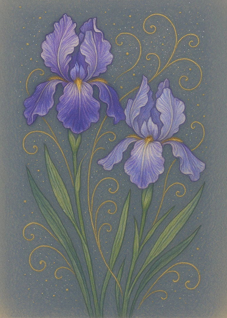 Two purple irises with green leaves and gold swirls on a muted blue background canvas.