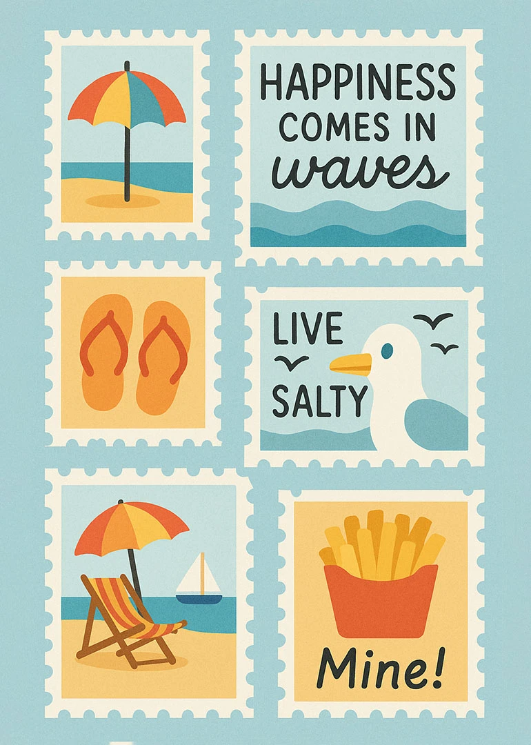 Stamp-style beach card with umbrella, seagull, fries, and sayings happiness comes in waves and mine.