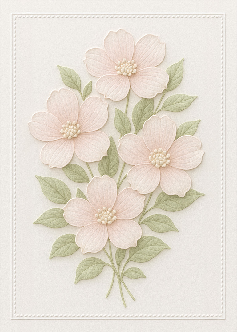 Embossed pastel pink flowers with green leaves on cream textured background