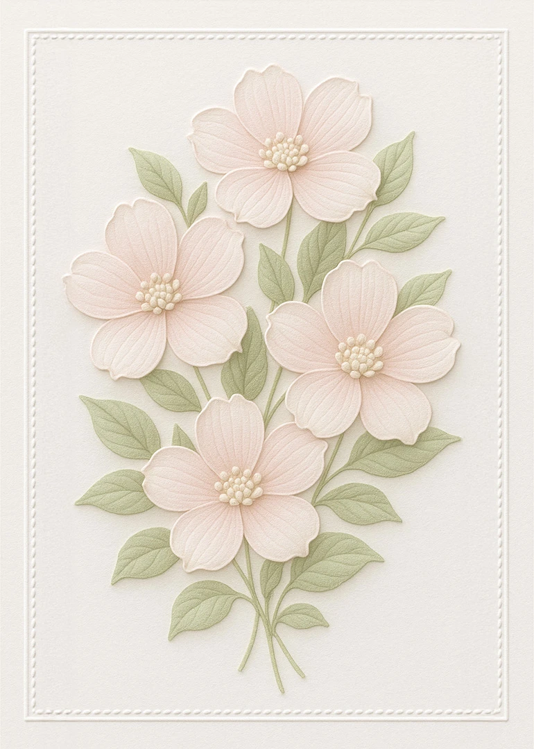 A soft blush floral bouquet with green leaves on a cream embossed card background surface.