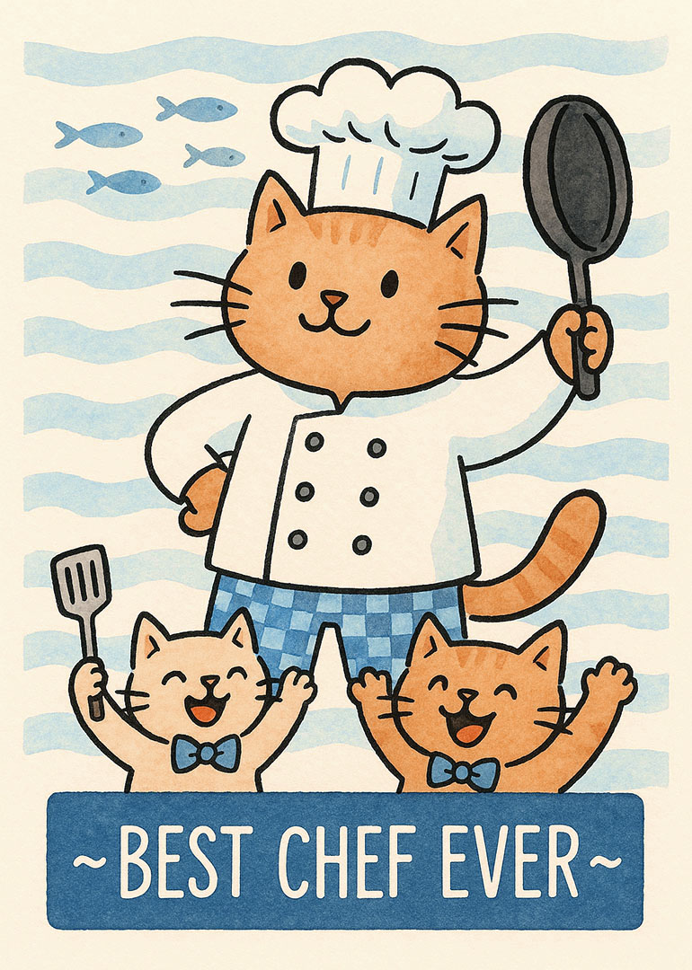 Illustration of cat chef with two happy kittens holding cooking utensils