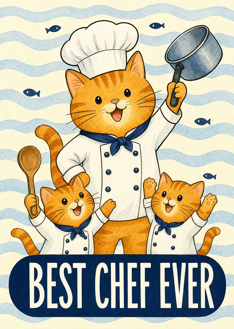 Three smiling cats dressed as chefs celebrate with cooking tools and Best Chef Ever text.