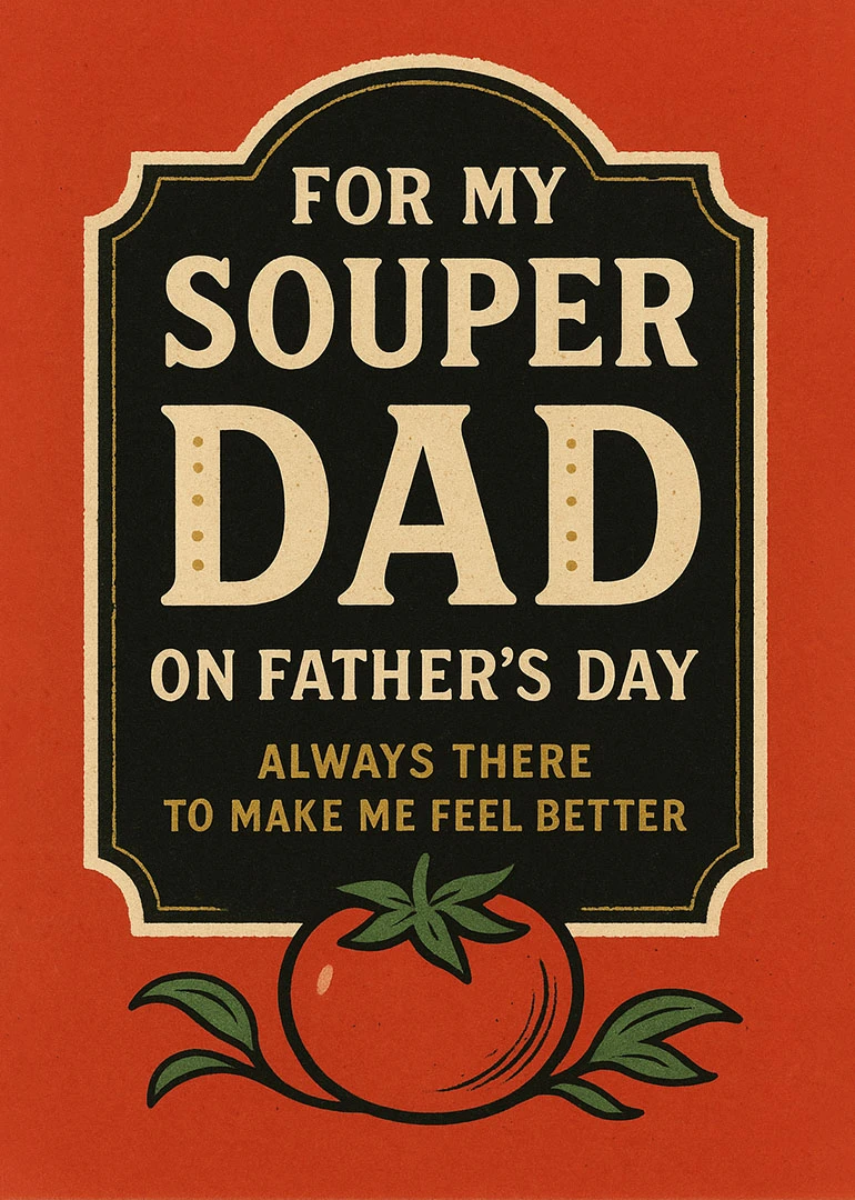 Vintage red card with tomato art and text for my souper dad on Father's Day.