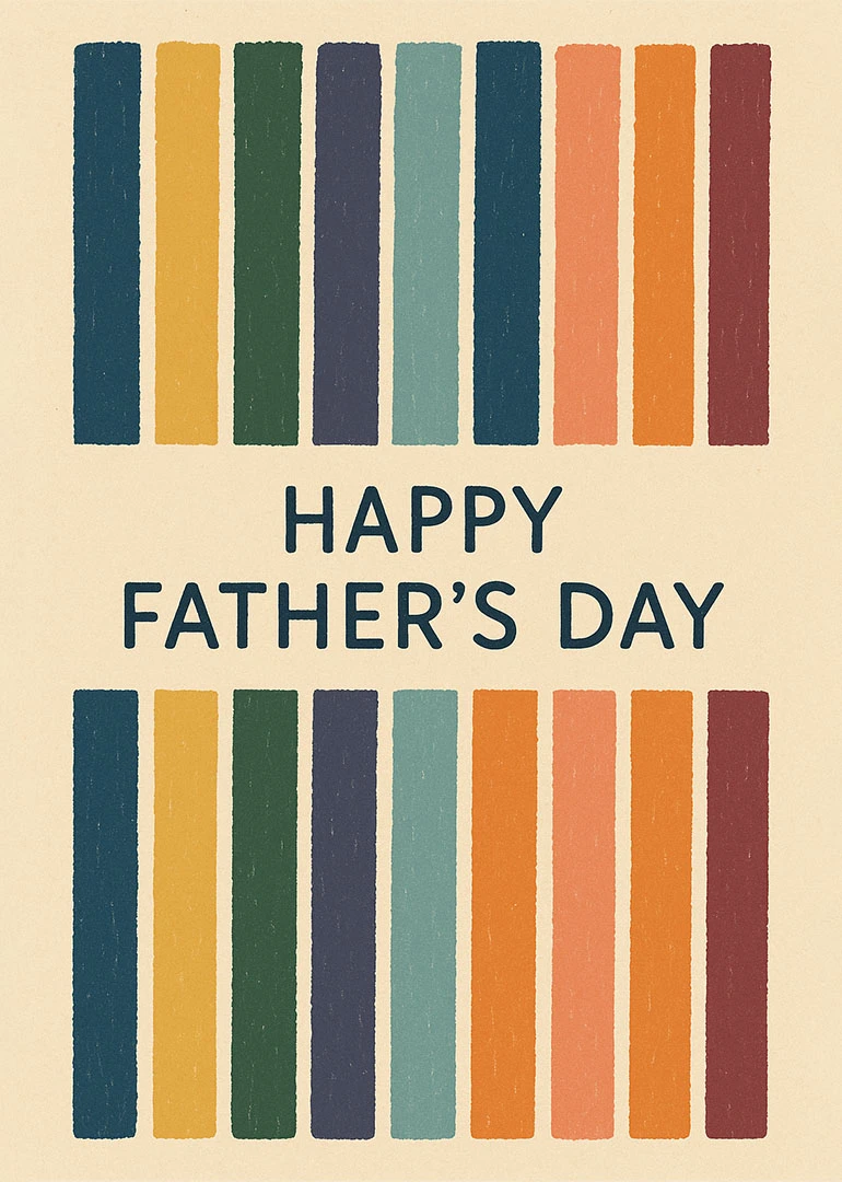 Retro vertical stripes frame a Happy Father's Day message on a cream background card design.