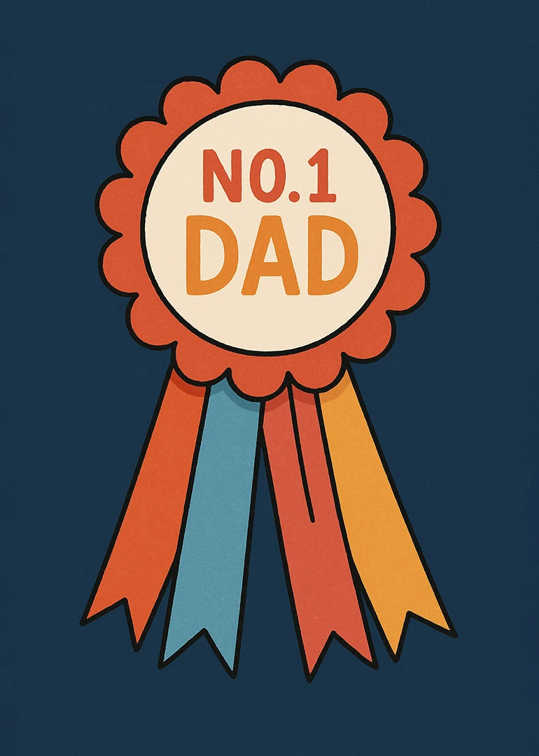 Retro rosette card with No.1 Dad wording on a dark blue background with colorful ribbons.