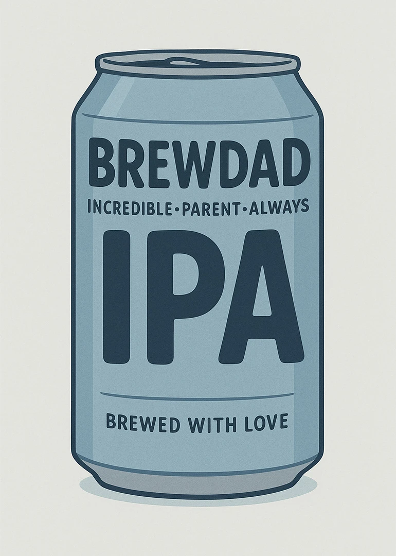 Blue beer can card reading Brewdad IPA, incredible parent always, brewed with love for dad.