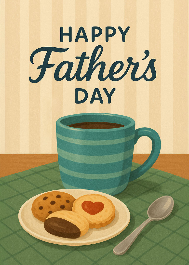 Father's Day card with coffee cup, cookies, spoon on green tablecloth