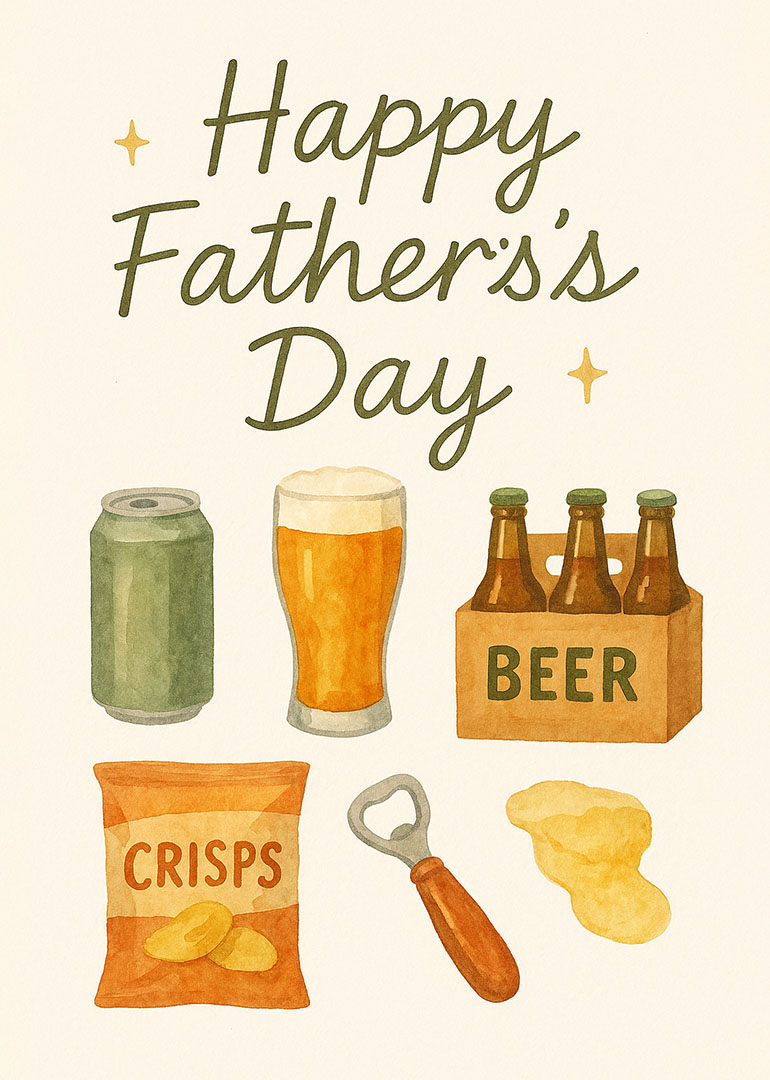 Watercolor Father's Day card with beer, crisps, bottle opener, and festive text