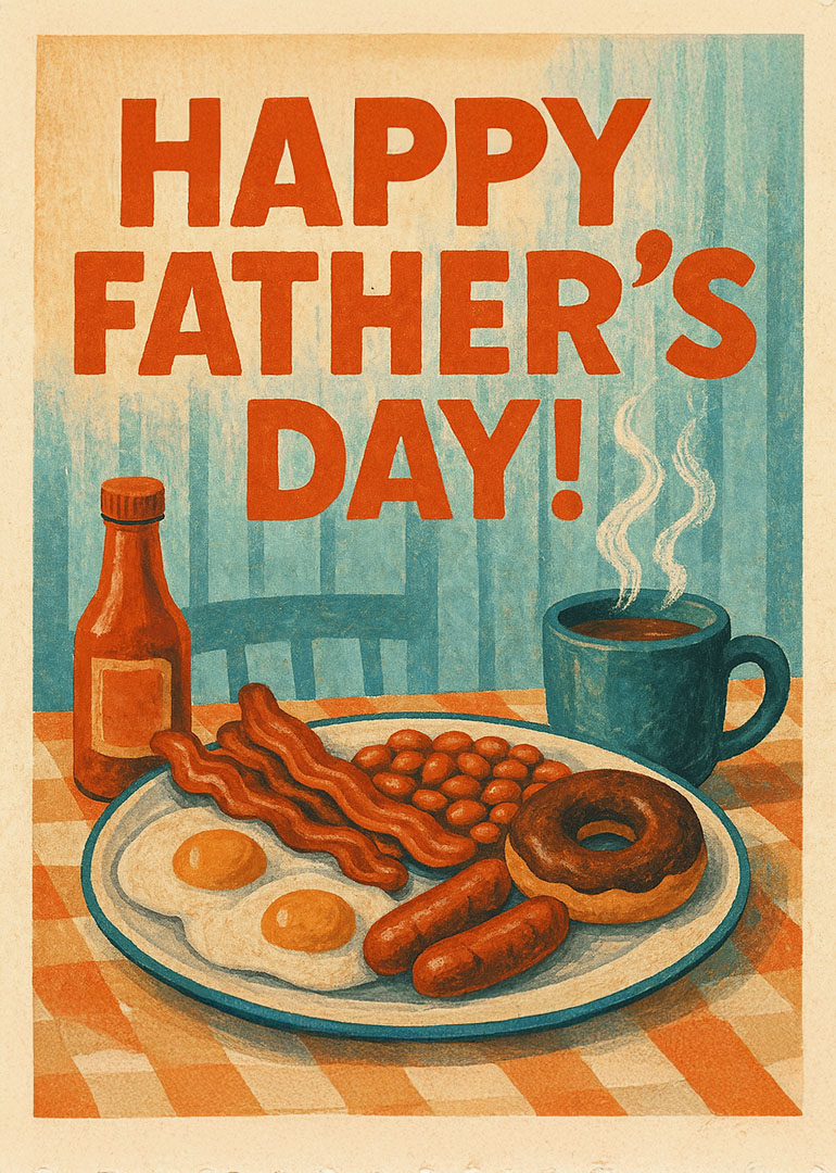 Father's Day card with breakfast plate and bold red text