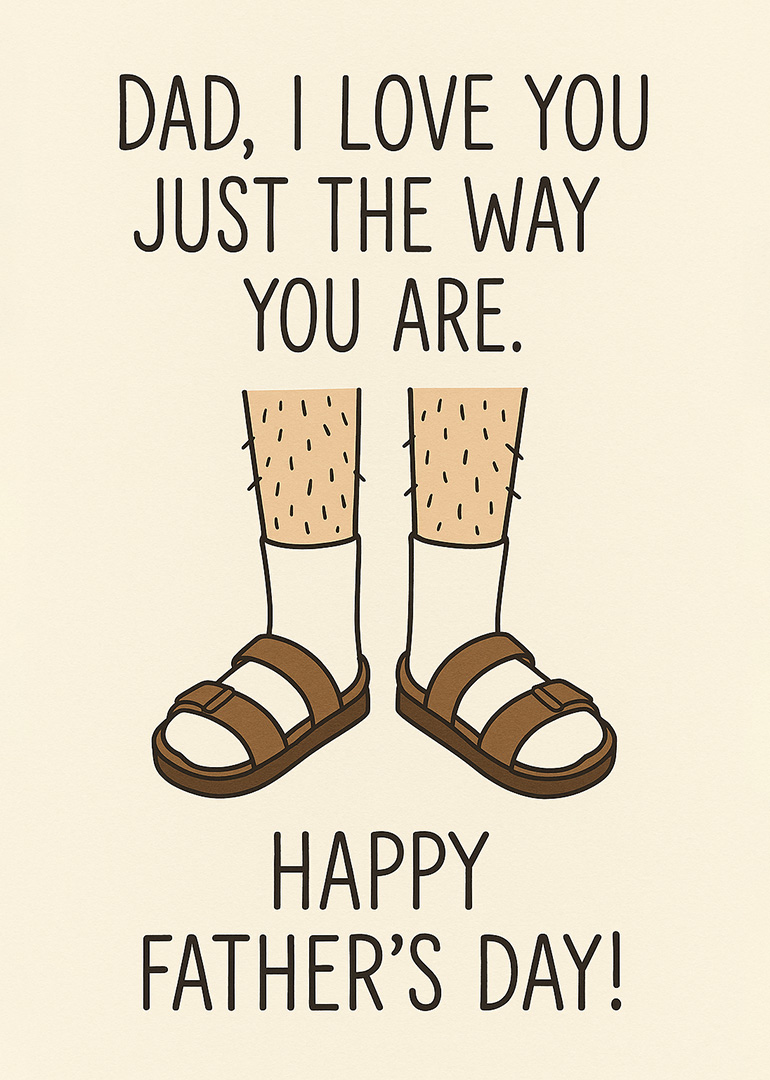 Illustration of hairy legs wearing socks and sandals with Father's Day message