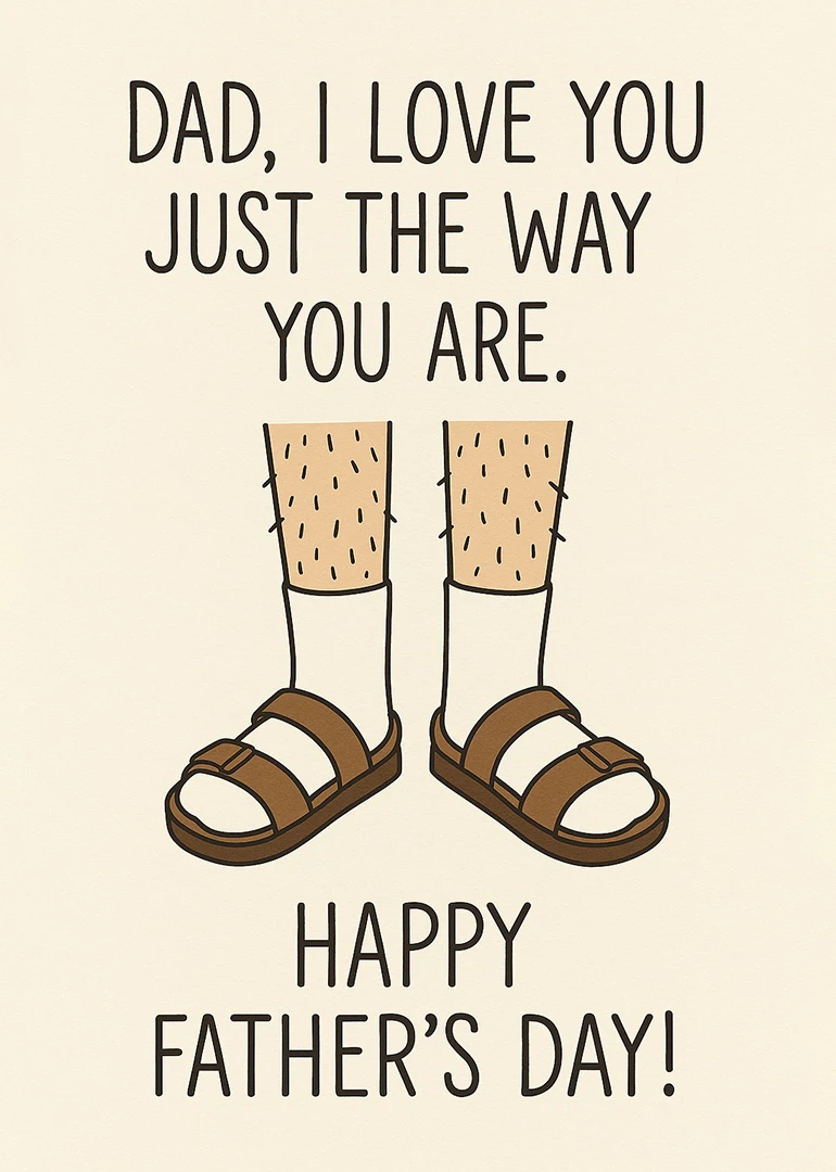 Card with loving dad message above cartoon legs in socks and sandals for Father's Day.
