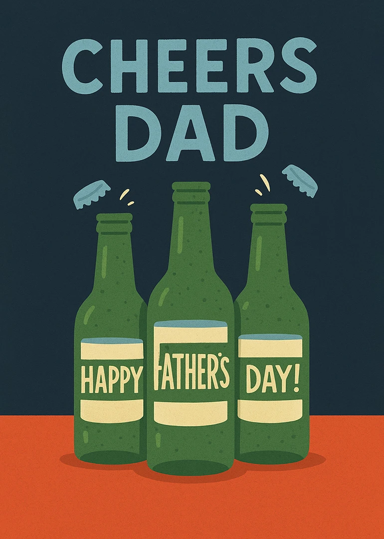 Beer bottles with Cheers Dad and Happy Father's Day text on a dark retro card.