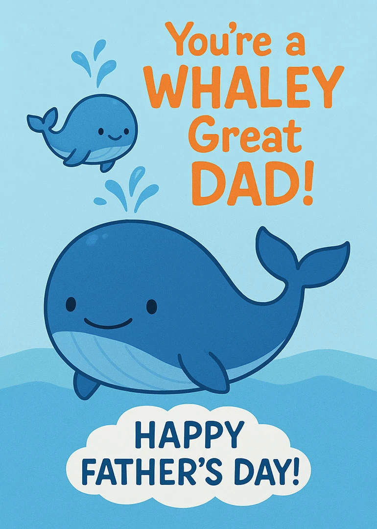 Blue cartoon whales and punny text wish Dad a whaley great Happy Father's Day card.