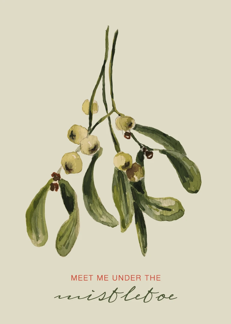 Watercolor mistletoe hangs above the words Meet Me Under the Mistletoe on a cream background.