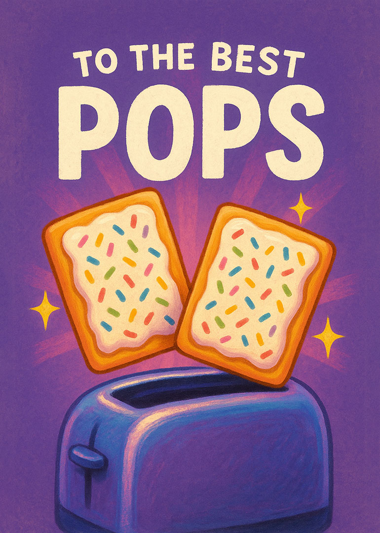 Purple card with toaster and two pop-tarts with sprinkles and text to the best pops