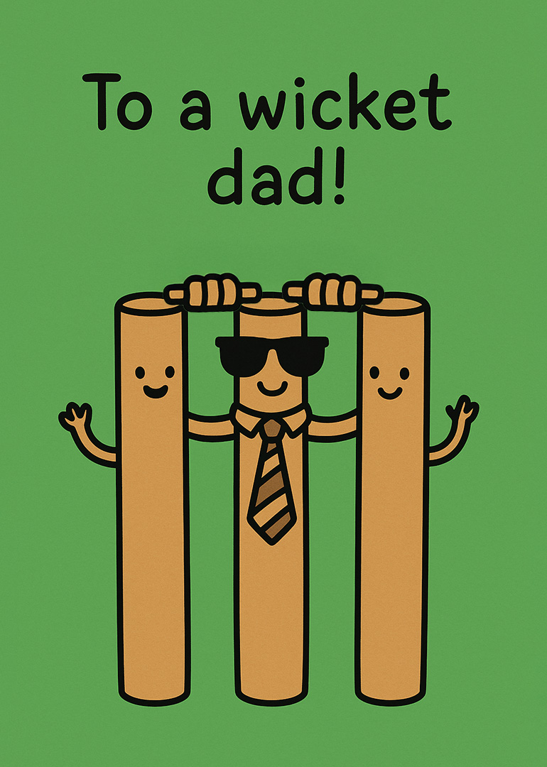 Cartoon cricket stumps with faces and tie on green background saying To a wicket dad