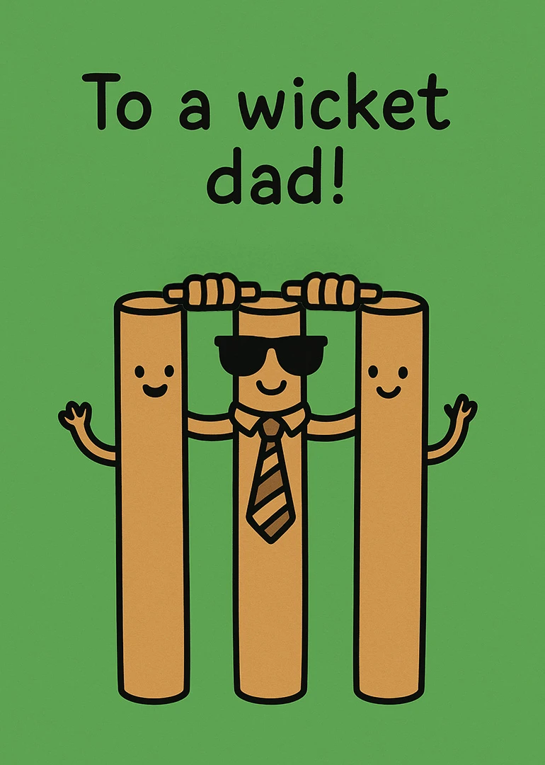 Green card with cartoon cricket stumps and the words To a wicket dad in black.