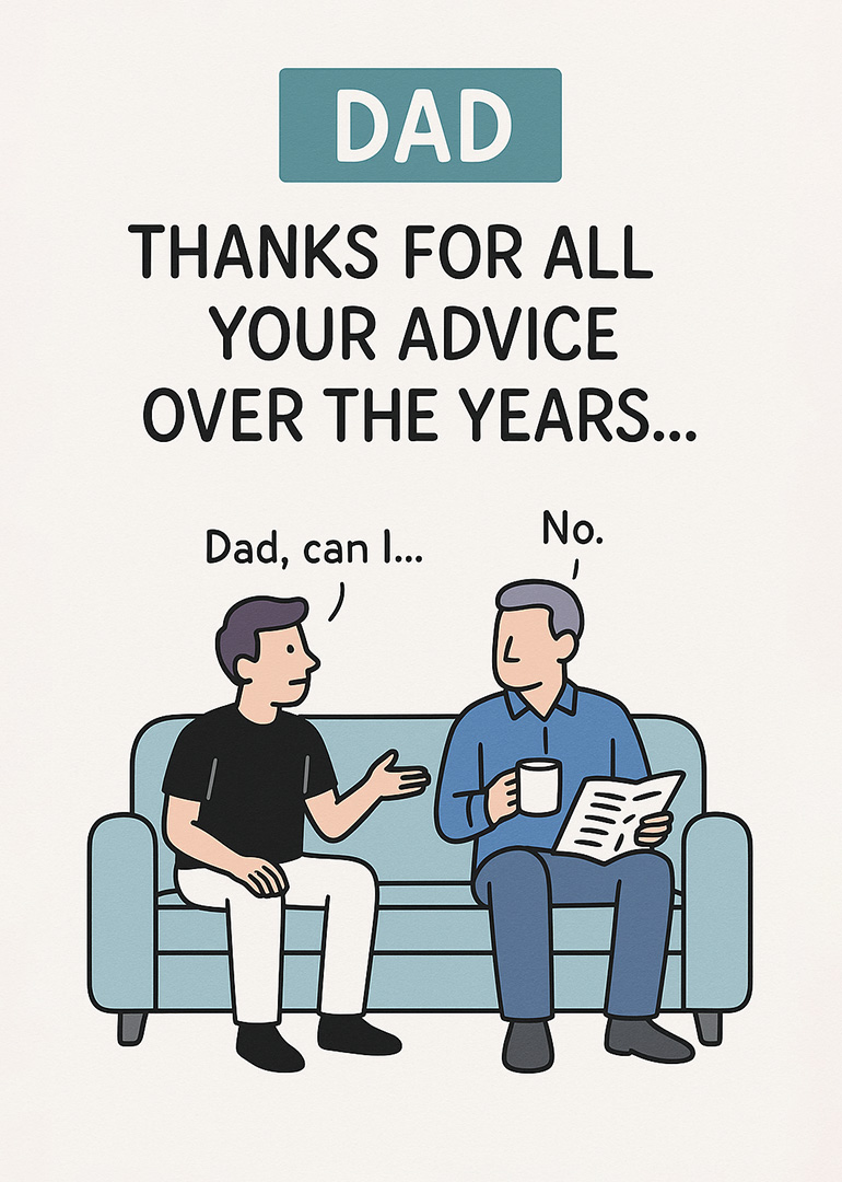 Cartoon of son asking dad for advice and dad saying no on a sofa