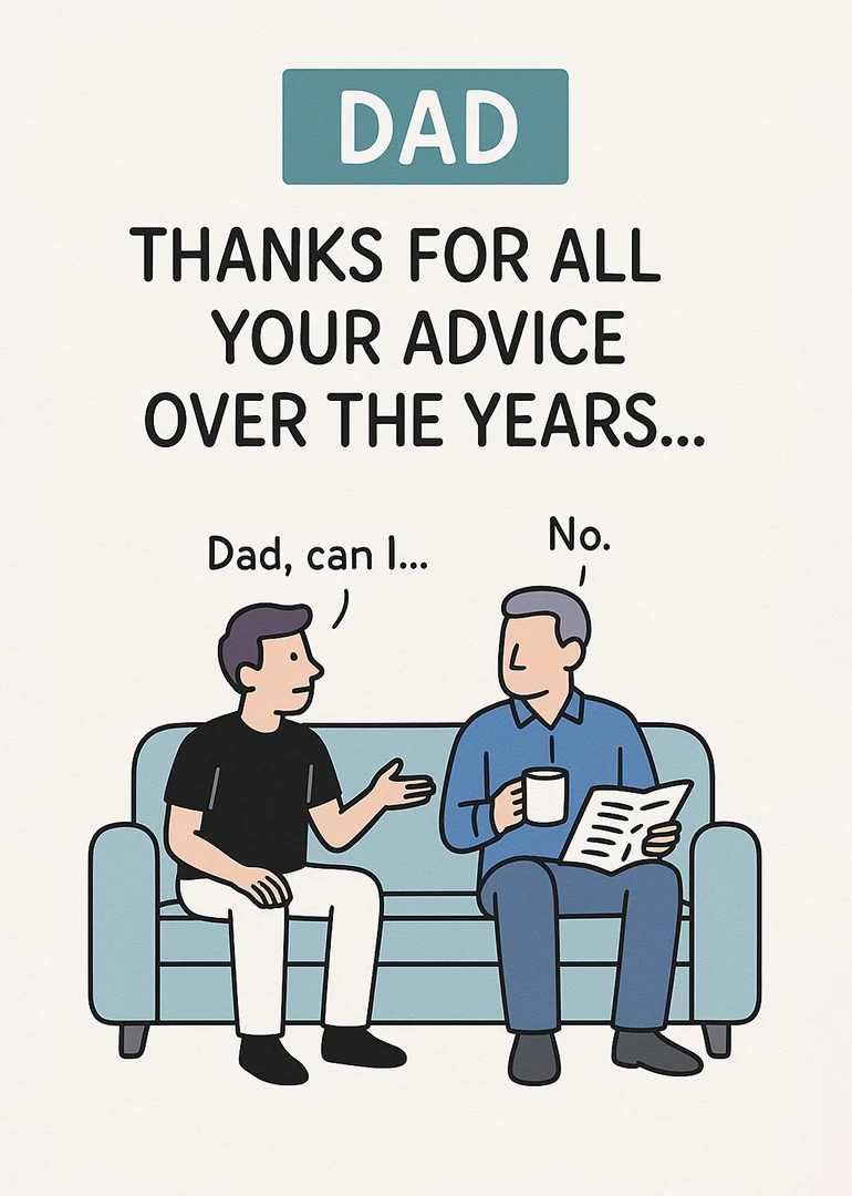 Father and son on a sofa with speech bubbles and thanks for all your advice.