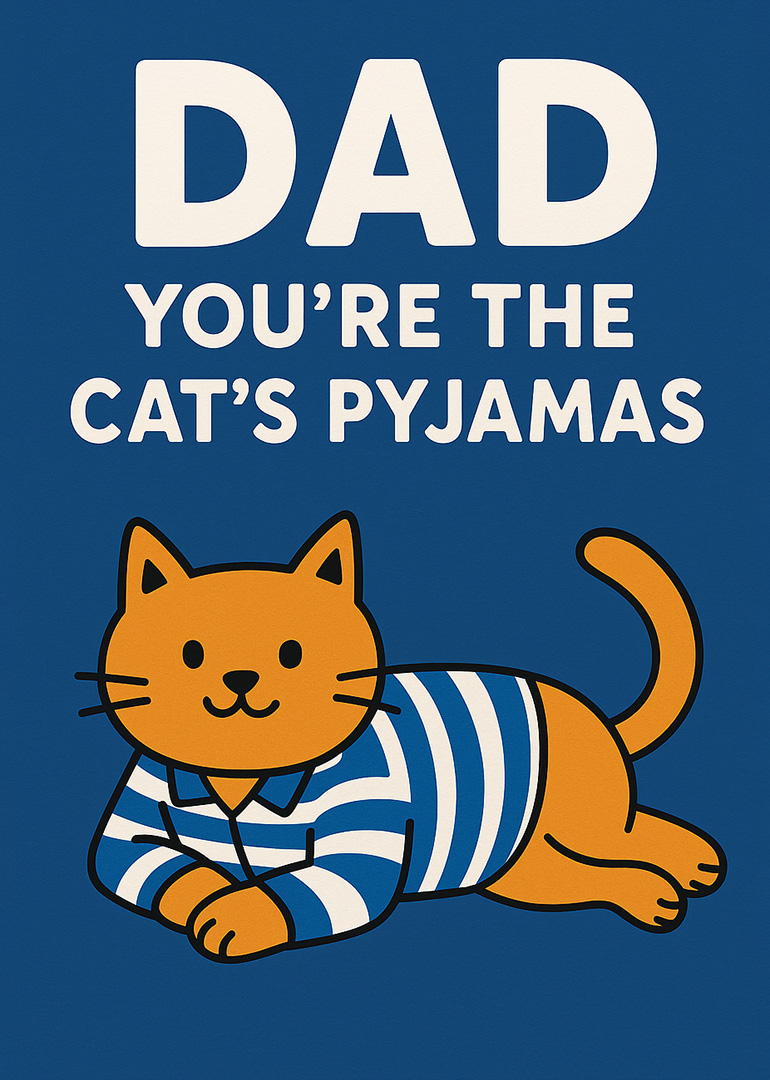 Illustration of a cat in striped pyjamas with text for dad