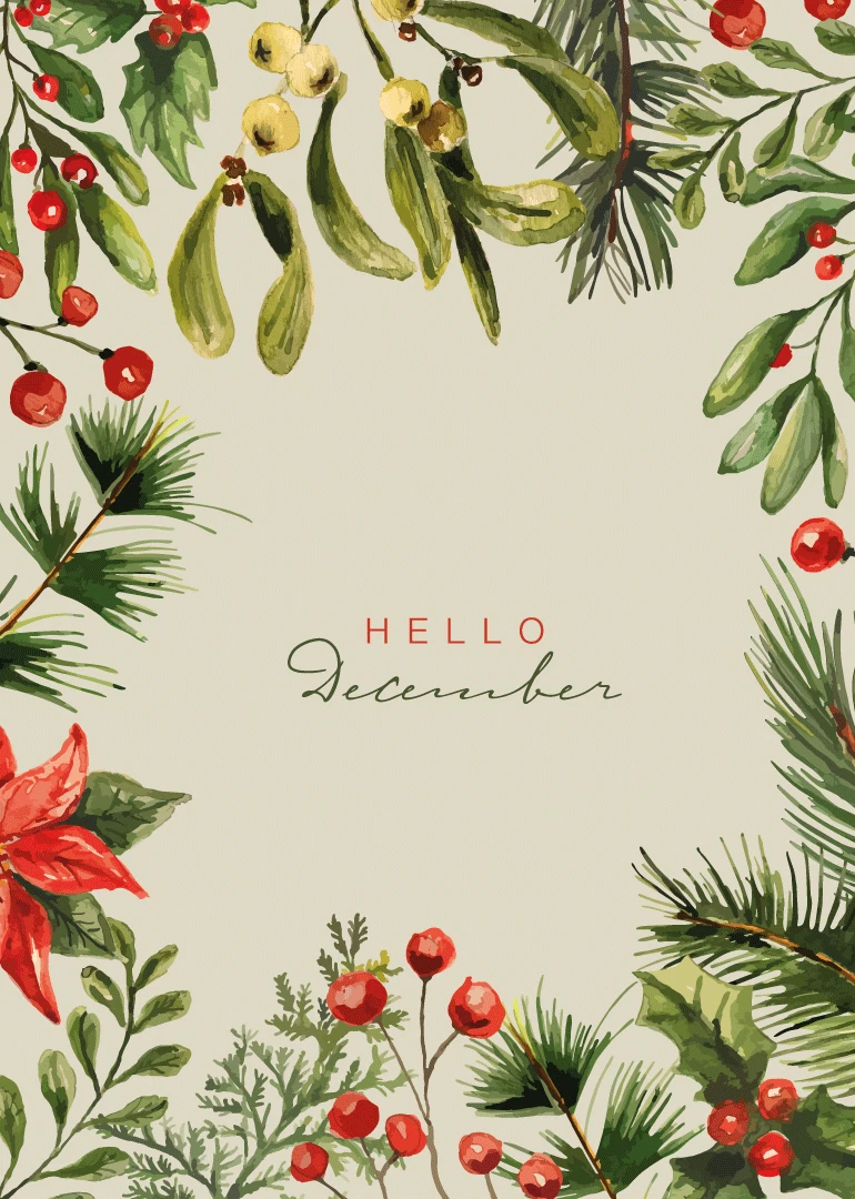 Watercolor winter foliage and red berries frame Hello December on a cream background for greetings.