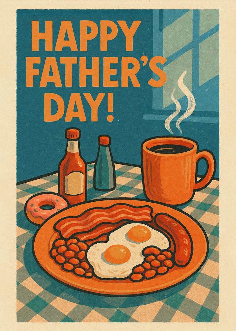 Retro Father's Day card with coffee, bacon, eggs, and donut on a blue checkered table.