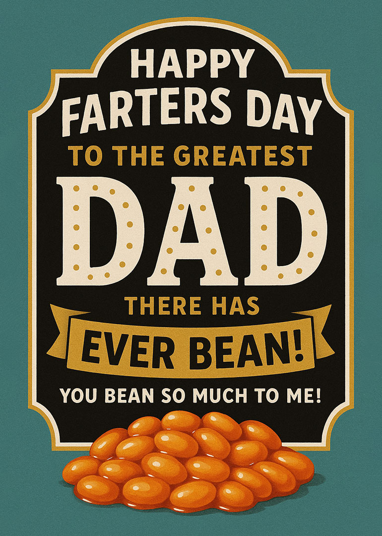 Humorous Father's Day card with beans and pun on teal background