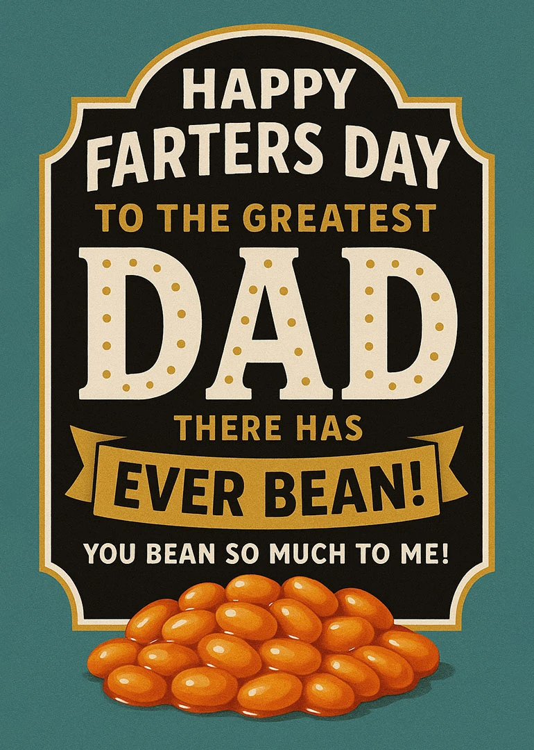 Retro Father's Day card with bean pun, bold typography, and a pile of orange beans.