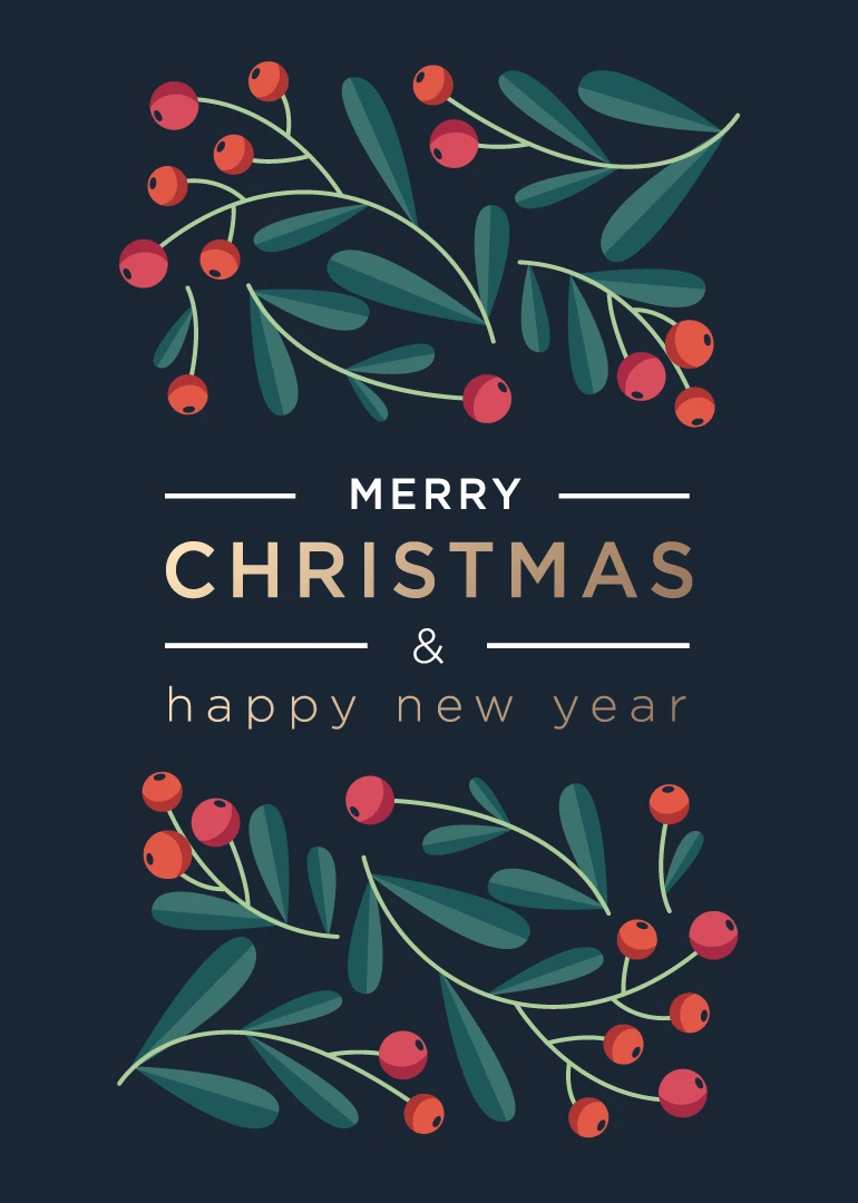 Festive berry branches frame Merry Christmas and happy new year on a dark navy background.