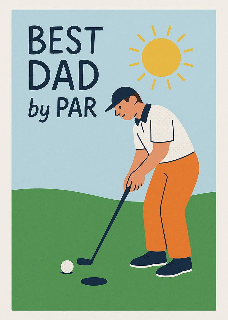 Illustrated golfer with BEST DAD by PAR text on a sunny green golf course background.