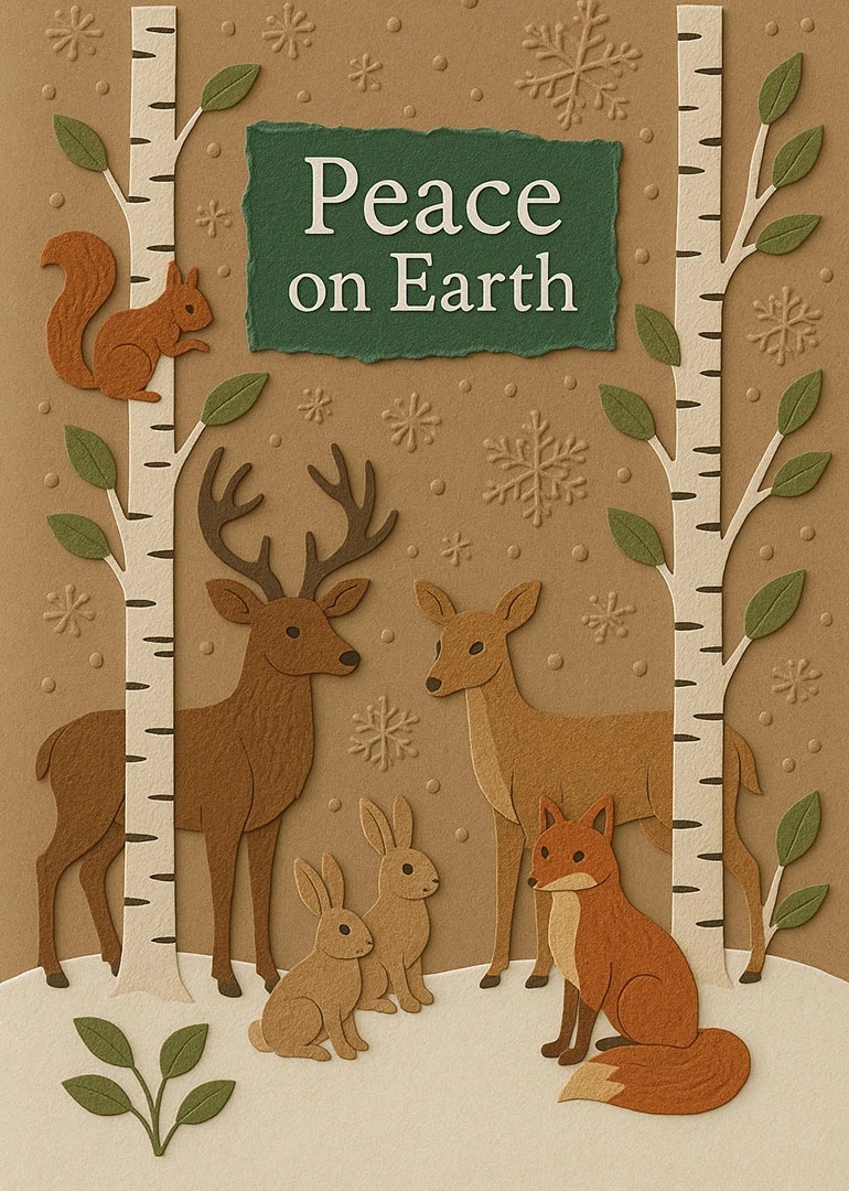 Paper-cut woodland animals and birch trees surround a Peace on Earth message in winter.