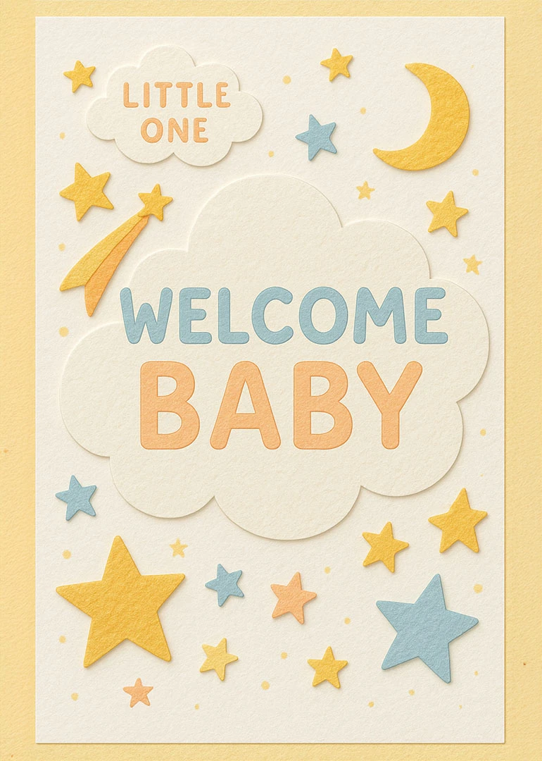 Pastel welcome baby card with clouds, stars, moon, and little one wording in soft yellow.
