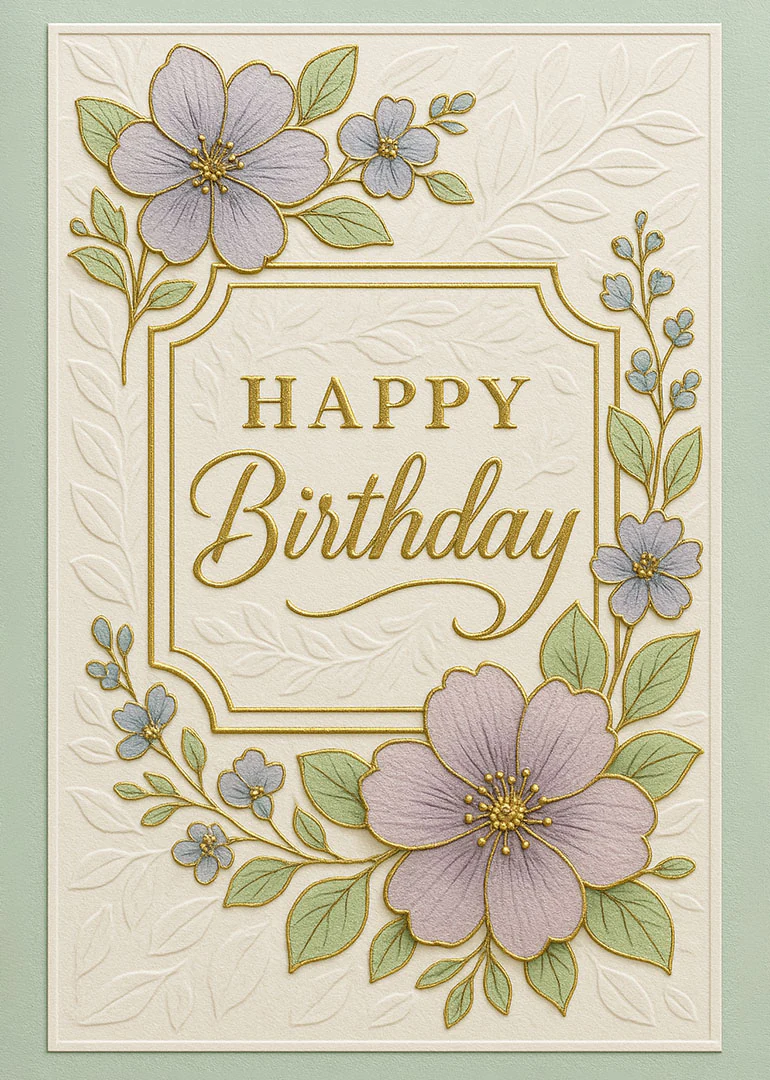 Embossed floral birthday card with gold lettering, lavender blossoms, delicate green leaves, and cream texture.
