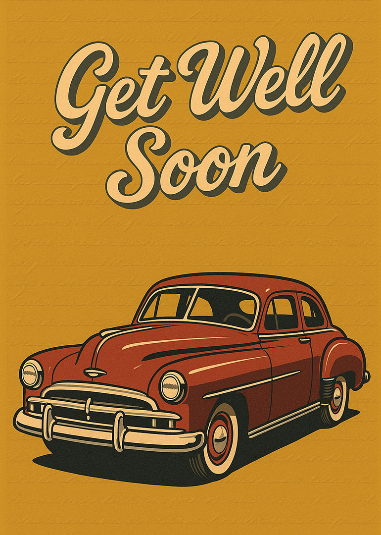 Vintage red car illustration with get well soon text on mustard background