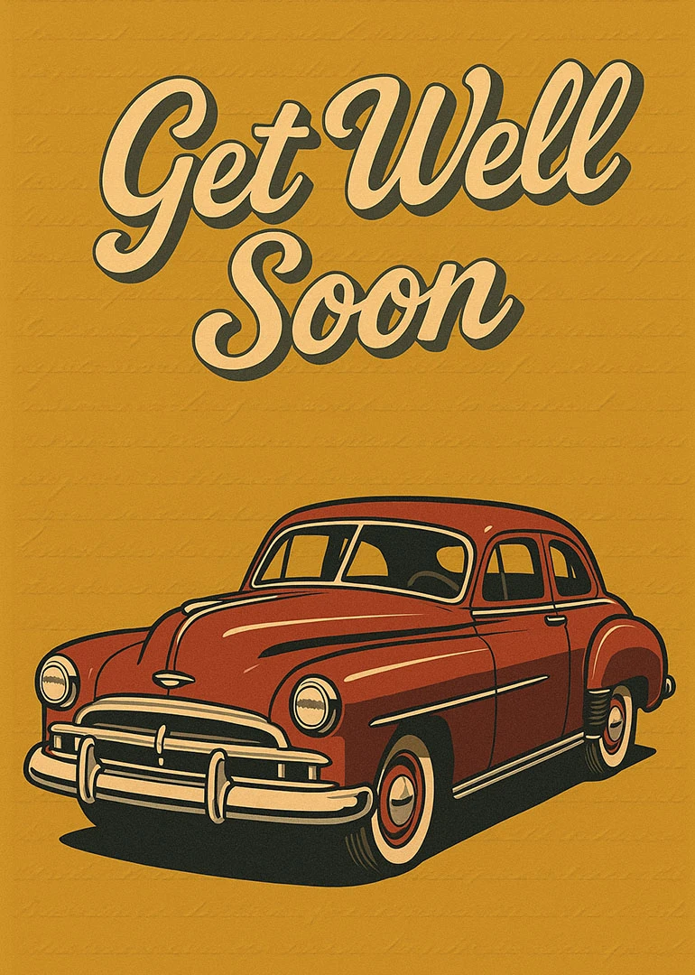 Get Well Soon card with a vintage red car on mustard background in retro lettering.