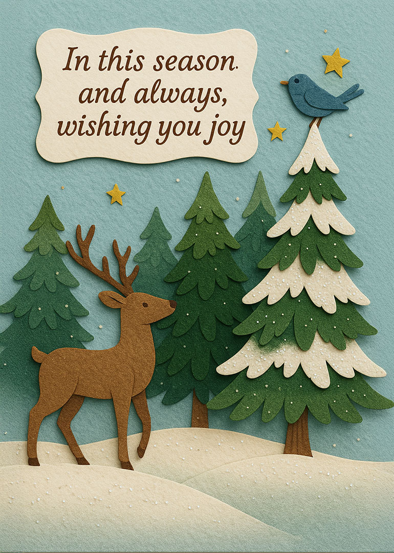 Winter scene with reindeer, pine trees, bird and joyful greeting