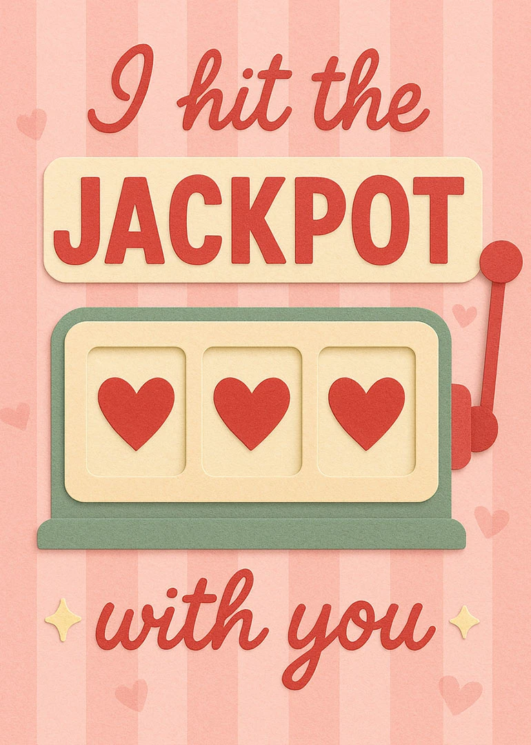 Pink slot machine card with hearts and the text I hit the jackpot with you.