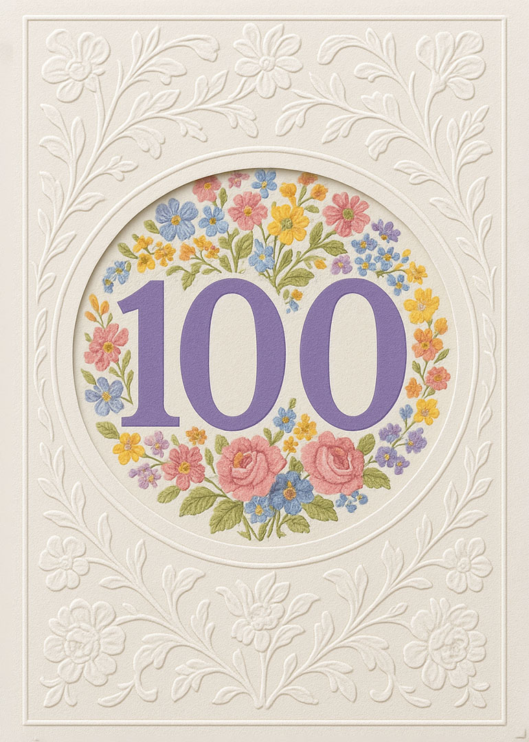 Embossed floral design with colorful flowers and large purple 100 number