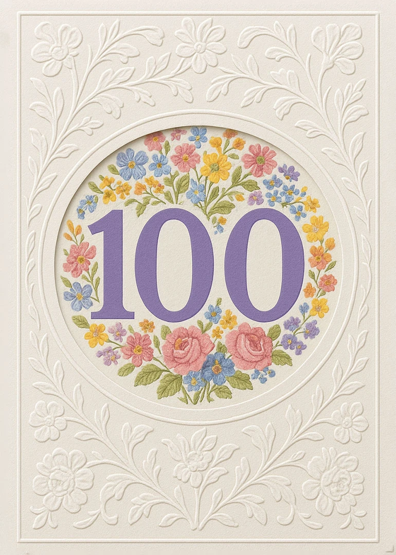 Cream floral embossed card with purple 100 surrounded by pastel blossoms and roses on ivory.