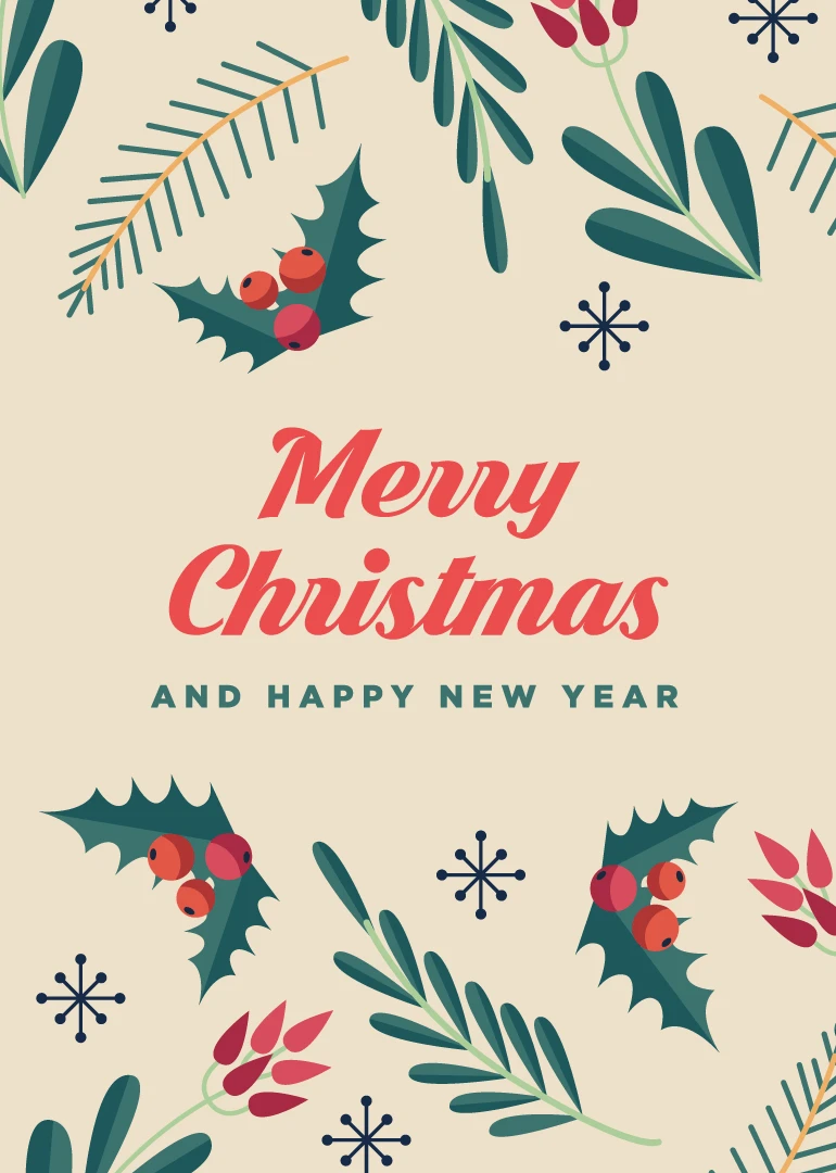Cream Christmas card with holly berries, foliage, snowflakes, and Merry Christmas Happy New Year text.