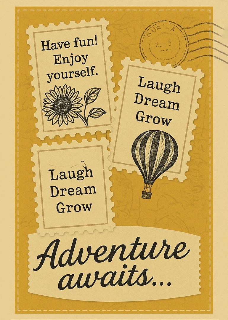 Yellow card with sunflowers, hot air balloon, and messages to laugh, dream, grow, and enjoy.