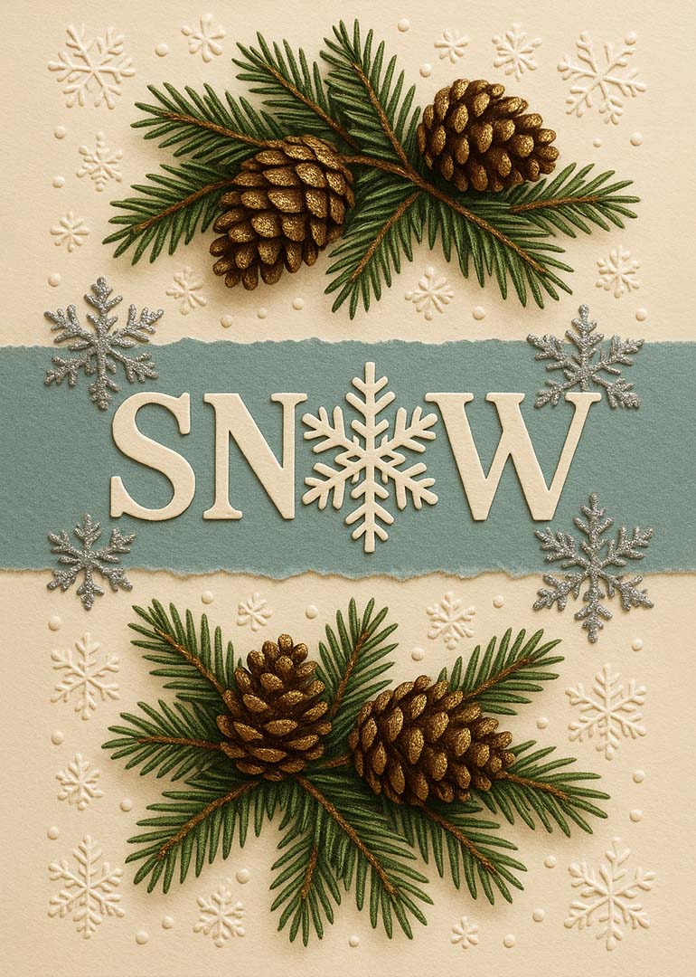 Winter card with pinecones, snowflakes, and snow text on textured background