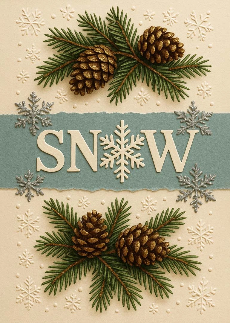Textured snow card with pinecones, fir branches, and snowflakes surrounding the word SNOW on cream.