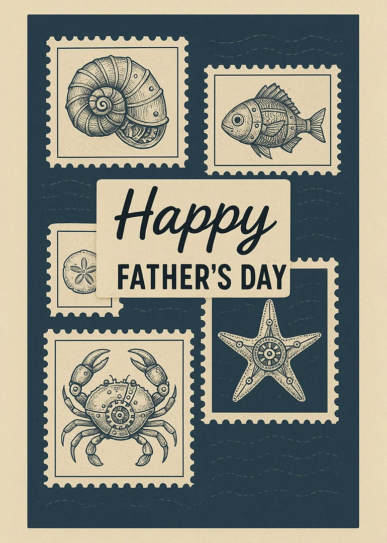 Navy Father's Day card with vintage stamp frames showing shell, fish, crab, and starfish art.