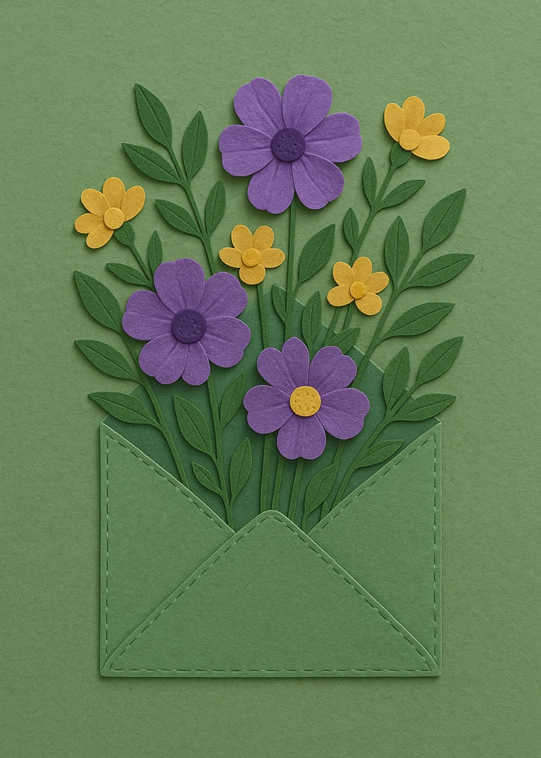 Green paper envelope with purple and yellow flowers rising in a layered floral bouquet card.