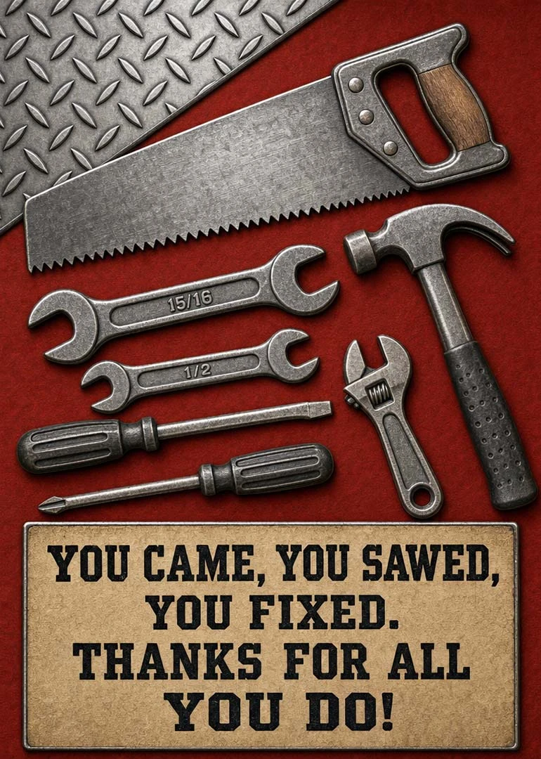Metal tools surround a punny thank-you message for a handy fixer on red background.