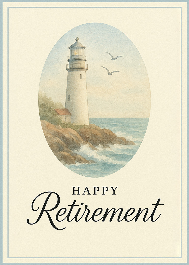 Watercolor lighthouse by ocean with seagulls and rocky shore retirement card