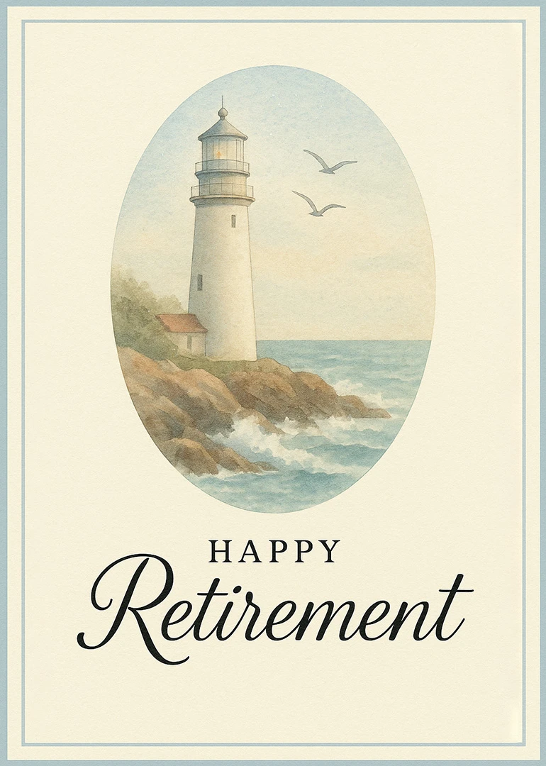 Watercolour lighthouse by the sea with birds and Happy Retirement text on a cream background.